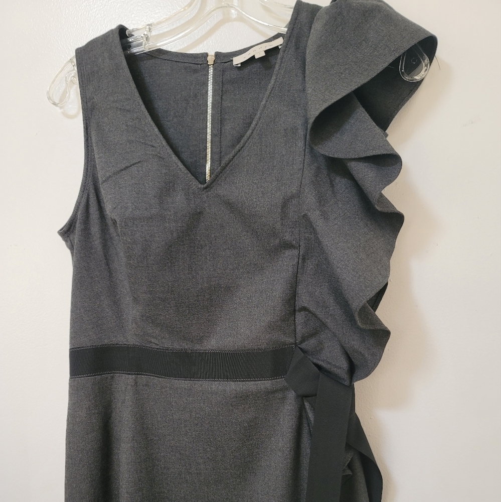 Sandro Paris Dress Gray Ruffle Trim Ribbon Belted Sheath Stretch Size Small New - Picture 5 of 16